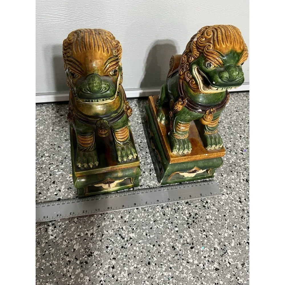 Pair Of Old Green Yellow Ceramic Chinese Foo Dogs Temple Statue